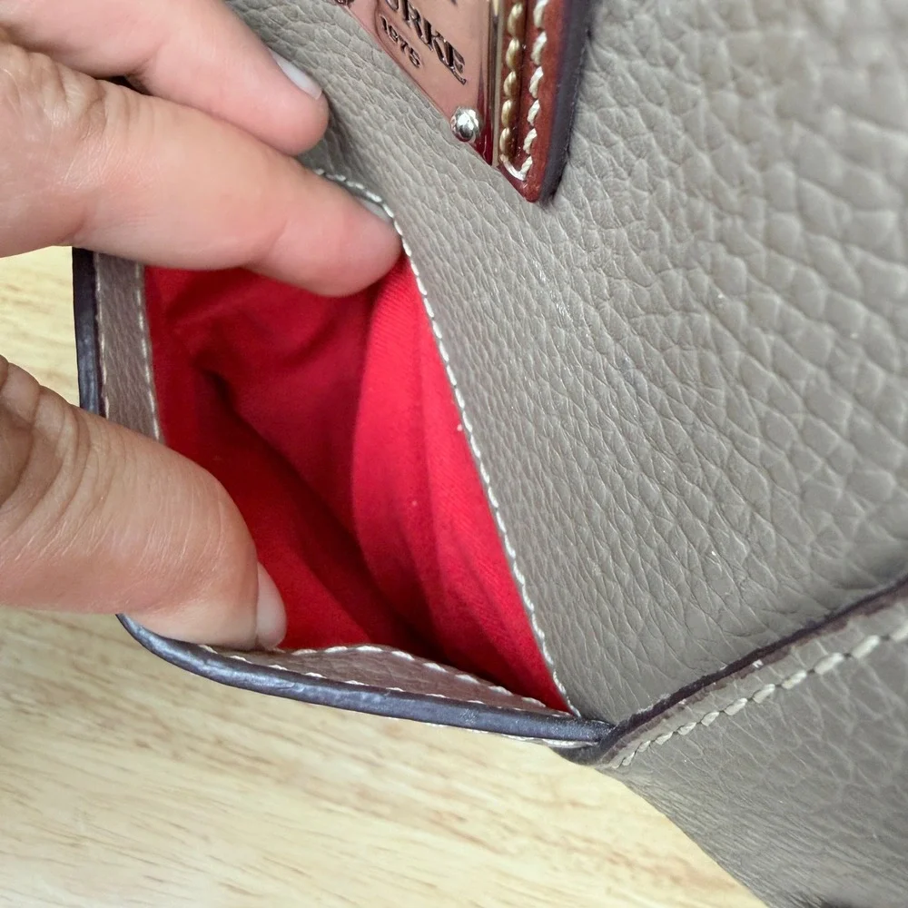 Dooney & Bourke Taupe Pebbled Leather Tote Bag Brown Trim Red Lining Medium
